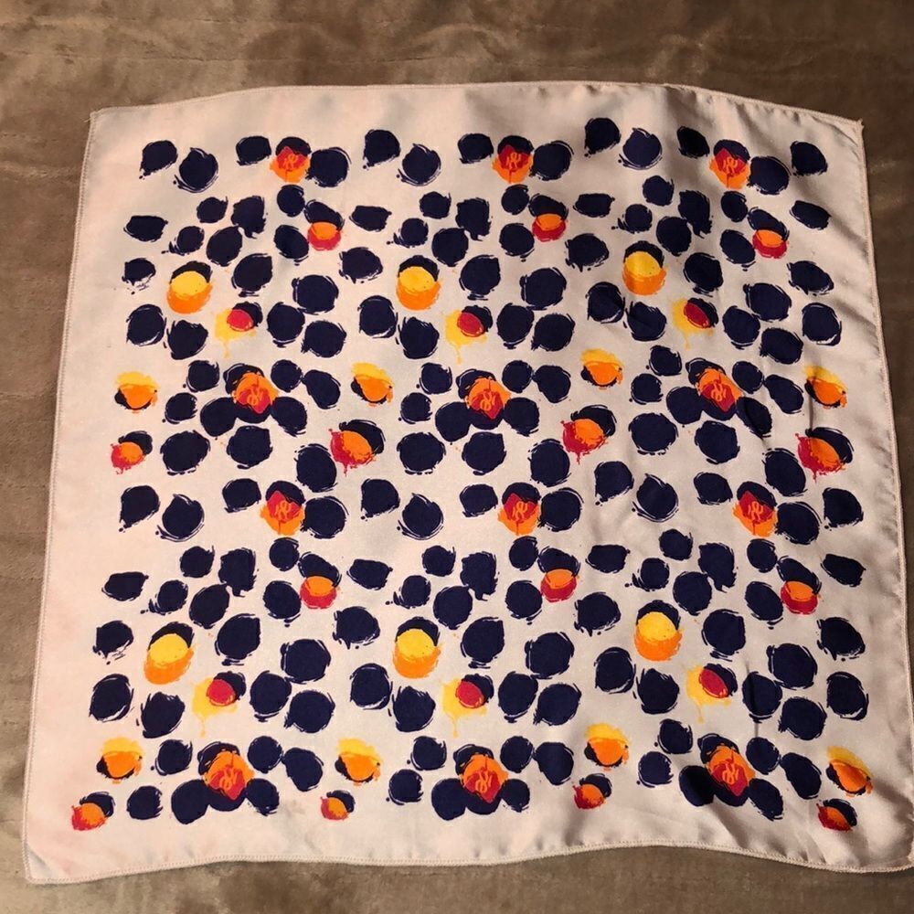 oe Neck Scarf or Pocket Square Silver Gary Navy Orange Red Gold oe Logo - Picture 2 of 10